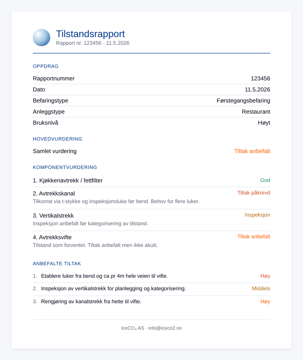 Eksempel på tilstandsrapport etter befaring, med komponentvurdering og anbefalte tiltak